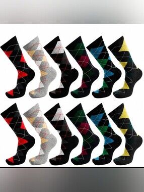 12 Pairs Men’s Argyle Dress Socks Cotton Blend Classic Colors New Size 10-13
